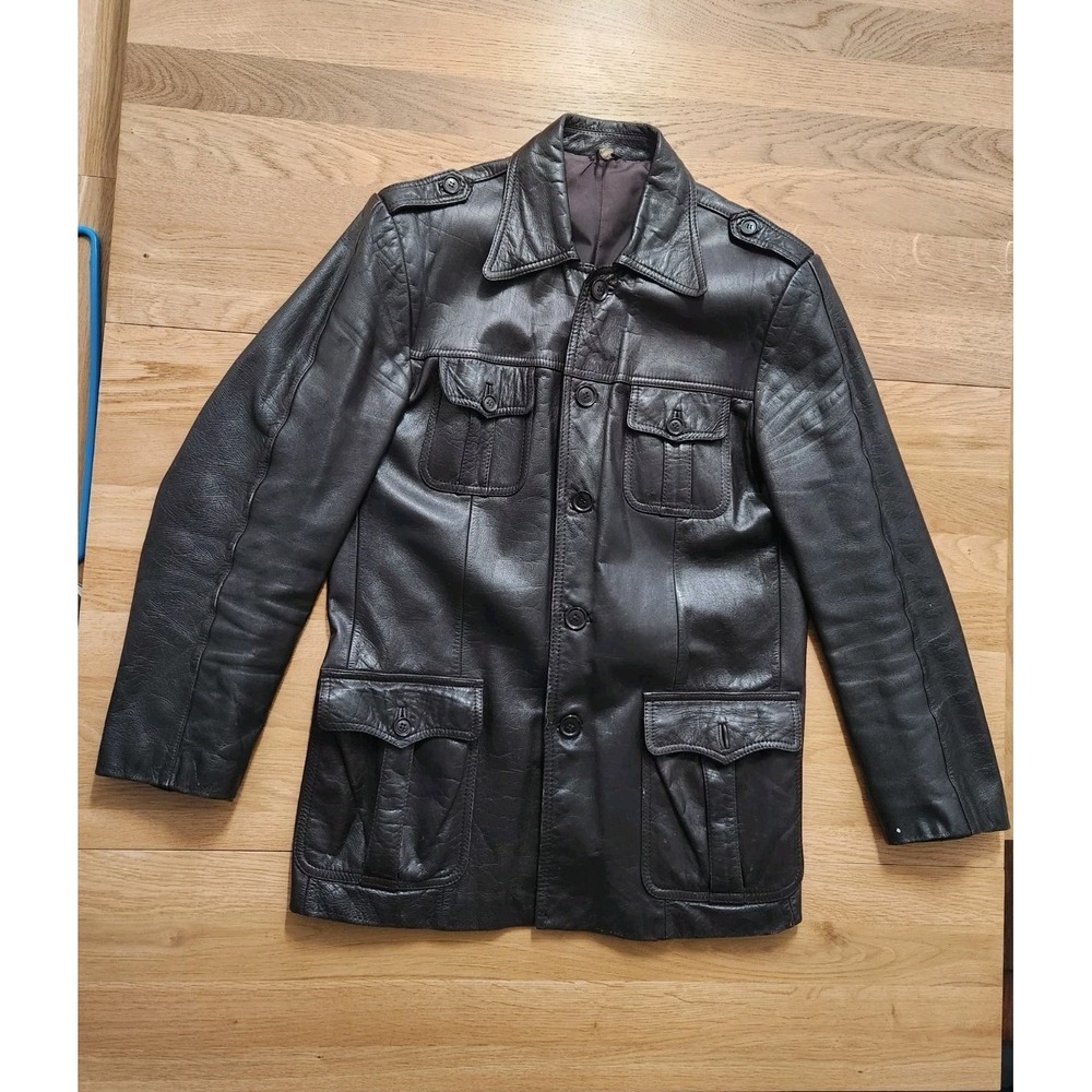 Vtg 1940-50s Auth Echtes Leder German MilitaryStyle Leather Jacket‎ Black Sz 50